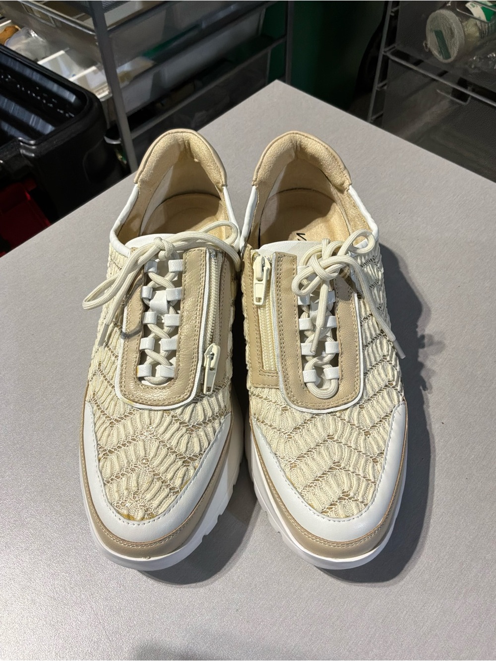 Vaneli Cream Woven Lace-Up Sneakers with Zip Detail